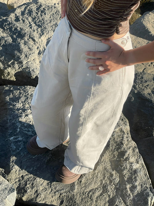 Button Tab Seam Detail Wide-Leg Pants