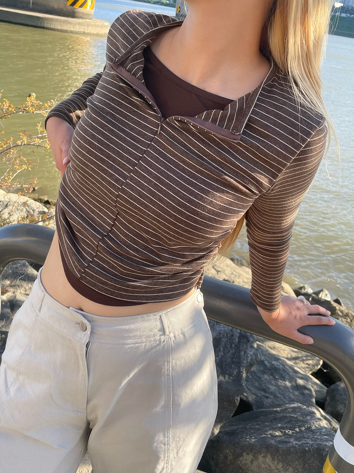 striped half-zip top