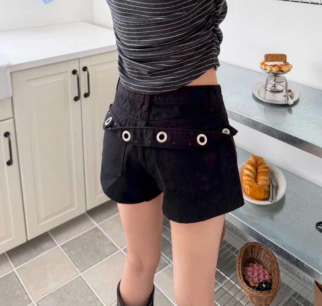 Silver Eyelet Belted Shorts