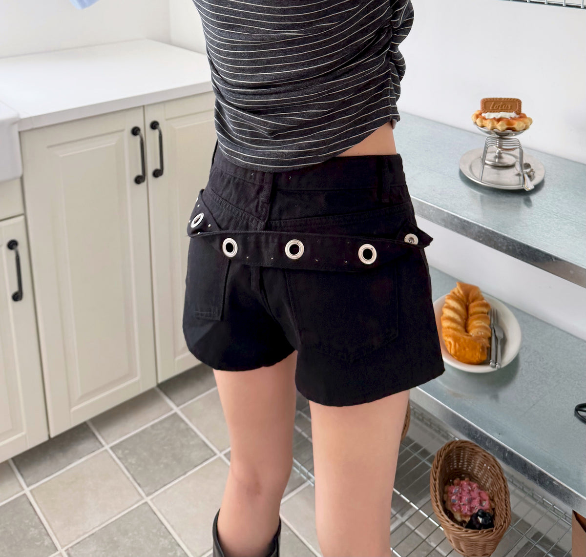 Silver Eyelet Belted Shorts