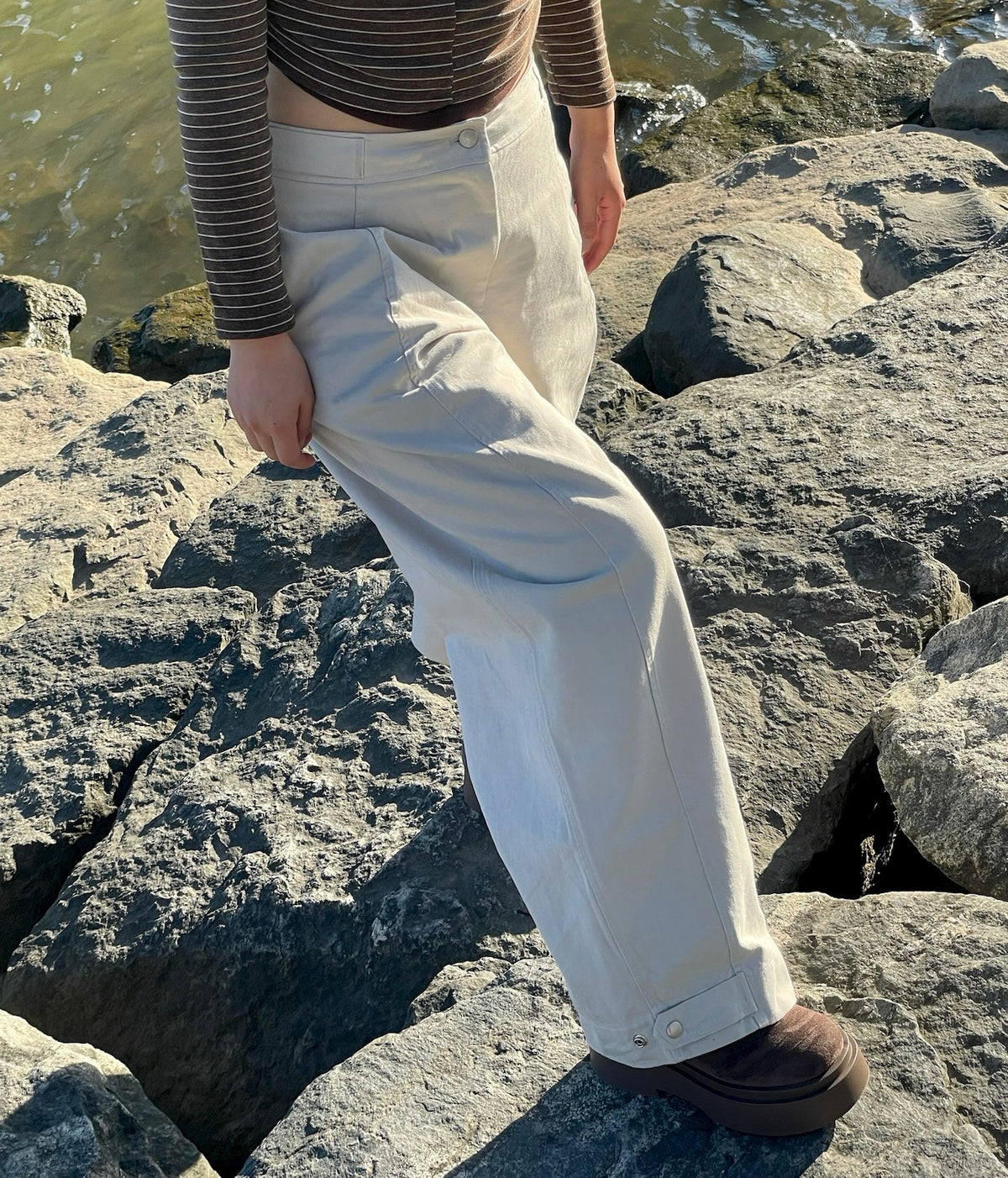 Button Tab Seam Detail Wide-Leg Pants
