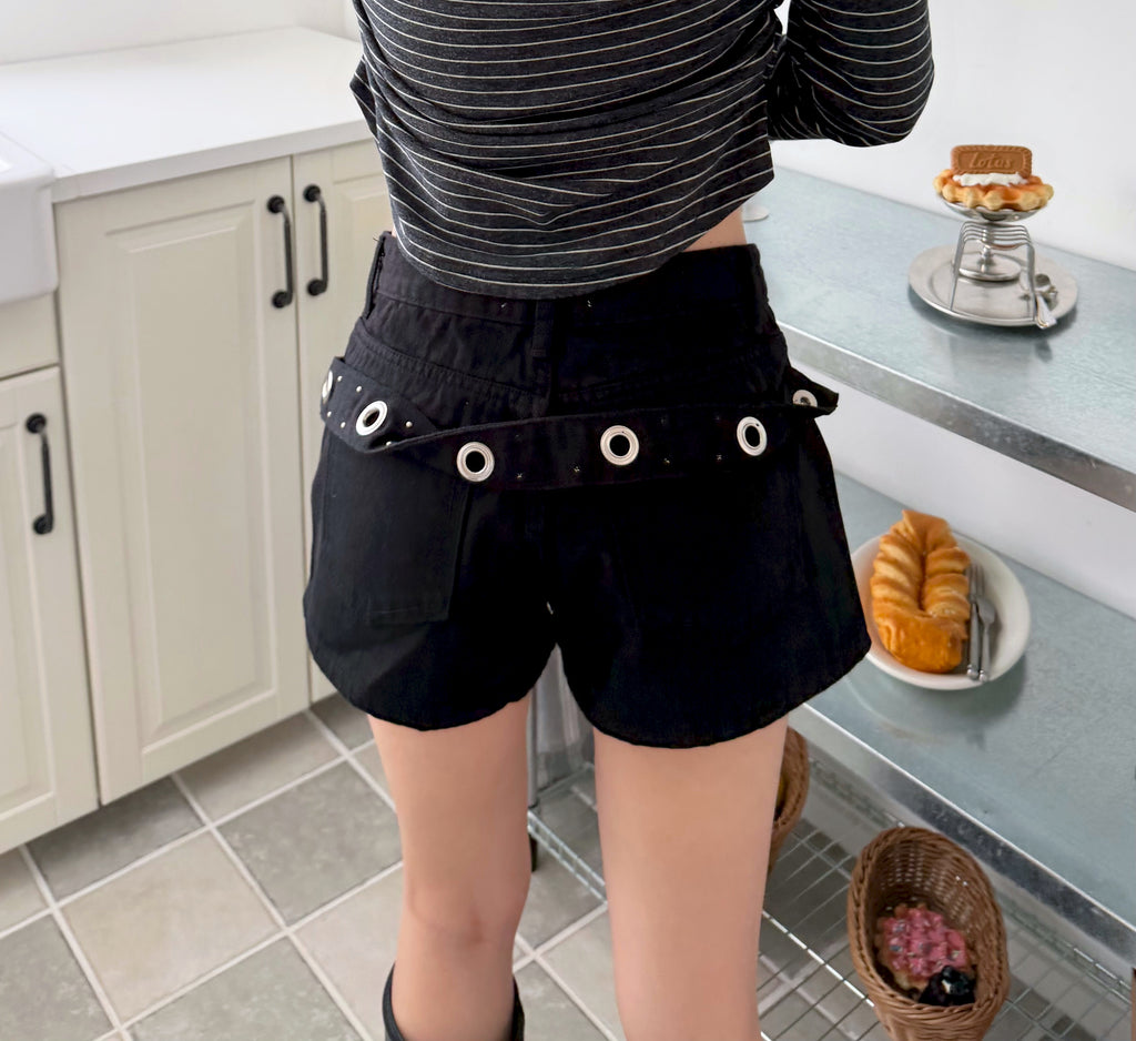 Silver Eyelet Belted Shorts